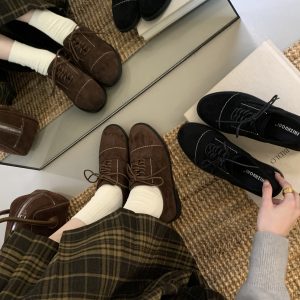 British Style Suede Lace-Up Flat Shoes for Women 2024 New Thick Sole Retro Casual Loafers