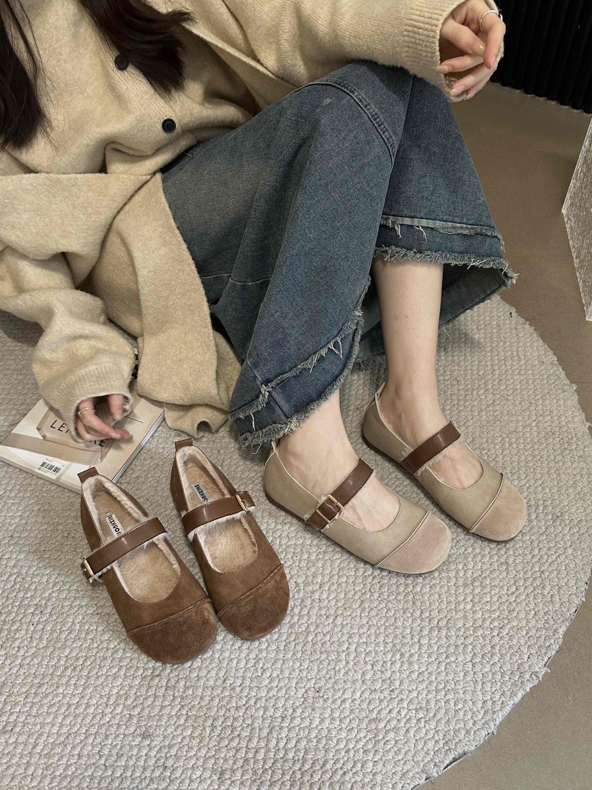 SIZHUONI Women's Thick Sole Fleece Lined Warm Cotton Shoes 2024 New Winter Retro Boho Mary Jane Slip On