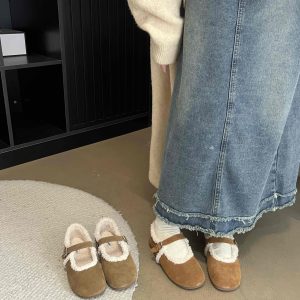 2024 New Winter Retro Mary Jane Cotton Shoes Women Plush Loafer Flat Fur-lined Grandma Shoes