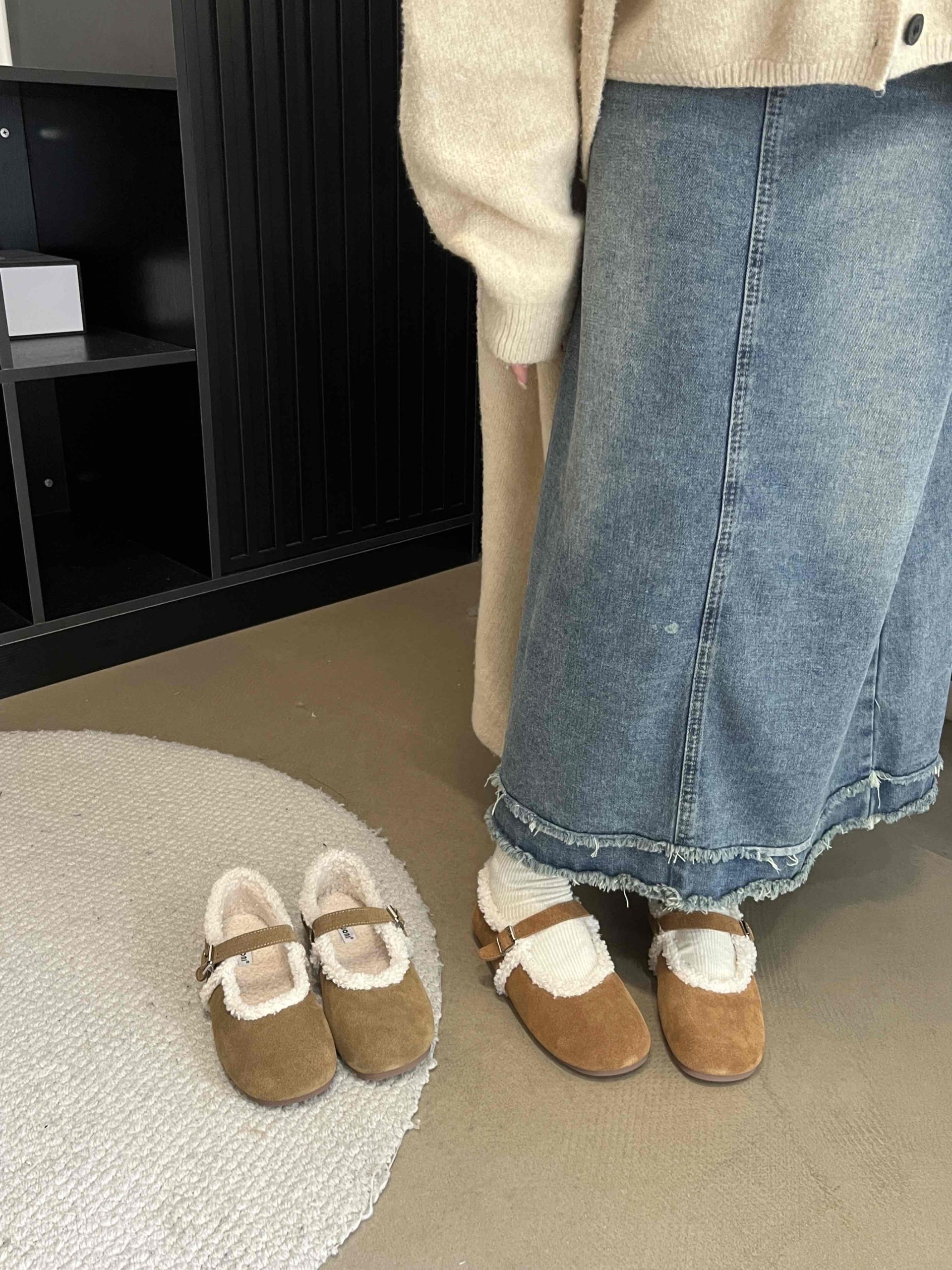 2024 New Winter Retro Mary Jane Cotton Shoes Women Plush Loafer Flat Fur-lined Grandma Shoes
