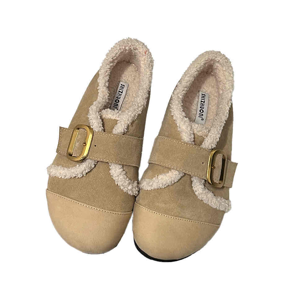 Vintage Retro Faux Fur Buckle Flat Shoes for Women 2024 Winter New Style with Gold Buckle and Sheep Wool Cotton Lining - Image 5