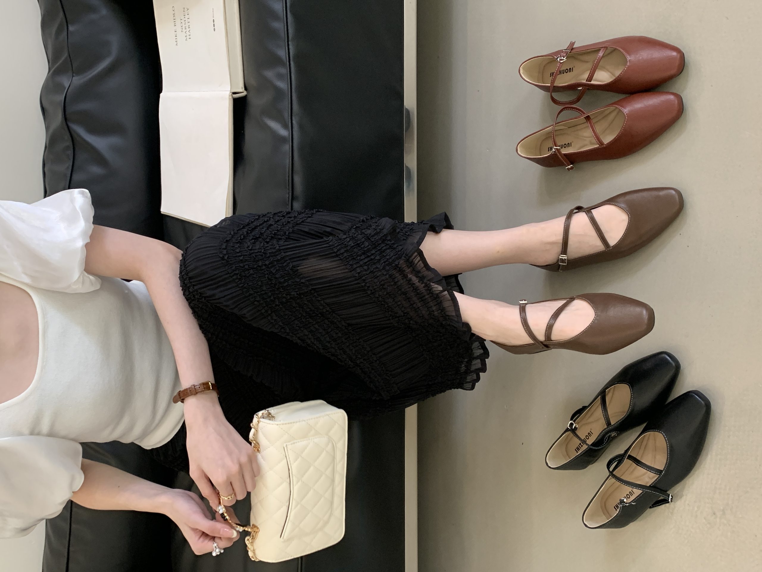 2025 Spring New French Square Toe Low Heel Mary Jane Shoes for Women Cross Strap Vintage Casual
