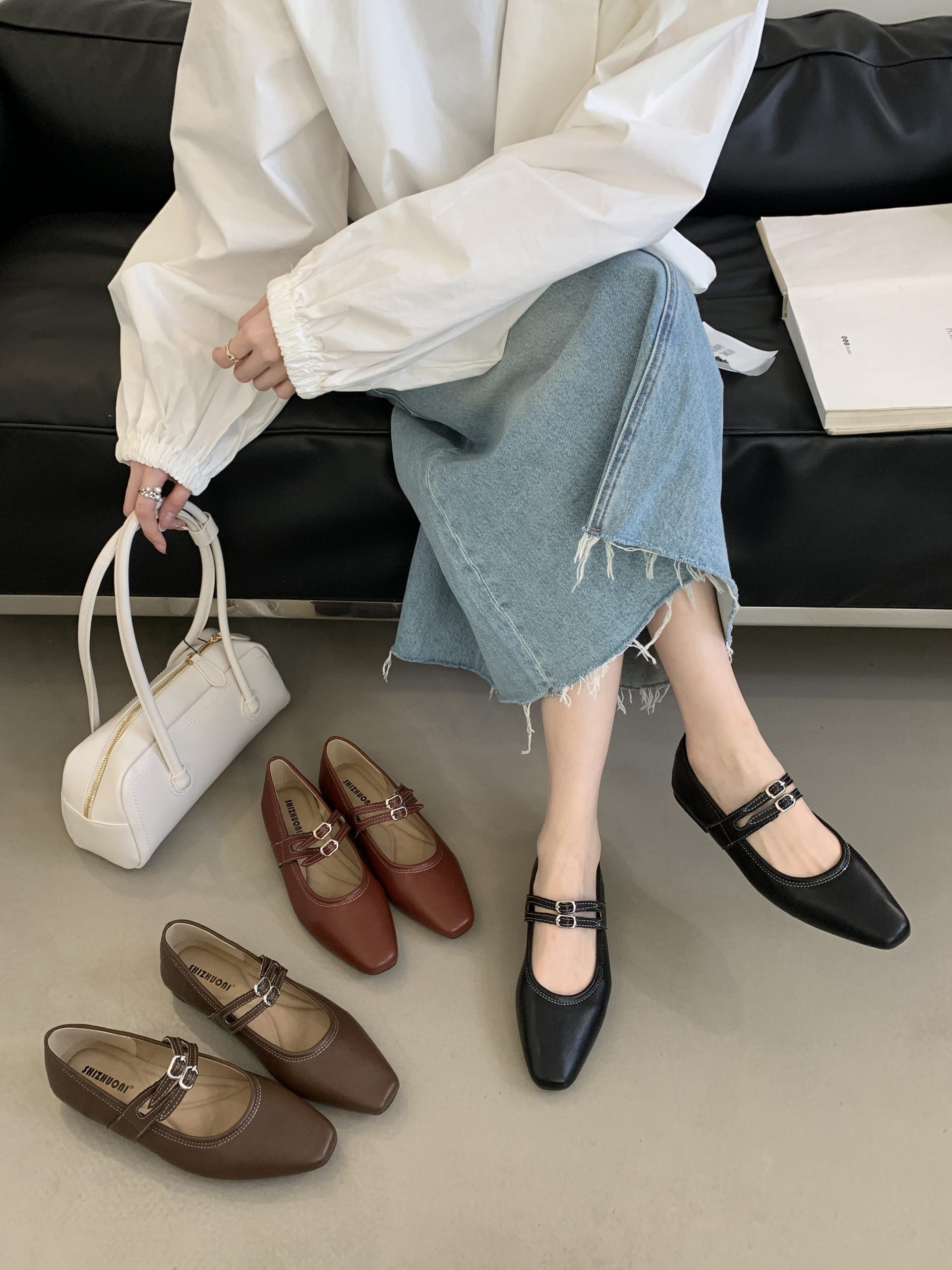 2025 Spring New French Style Square Toe Mary Jane Shoes Women Low Heel Commuter Shallow Mouth Mary Janes