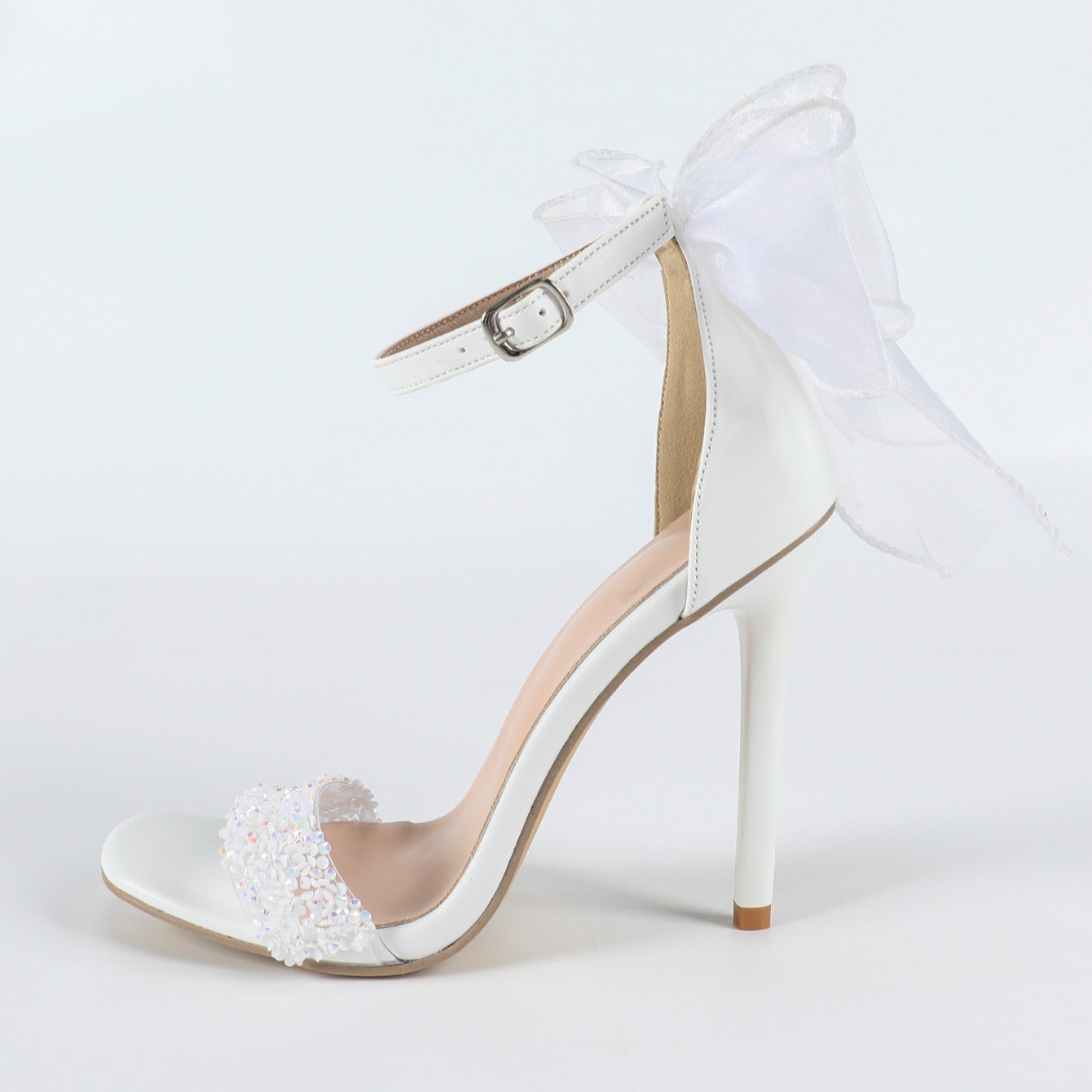 Elegant White Bow Ribbon Wedding Shoes Crystal Open Toe Square Heel Sandals High Heels Large Size - Image 5