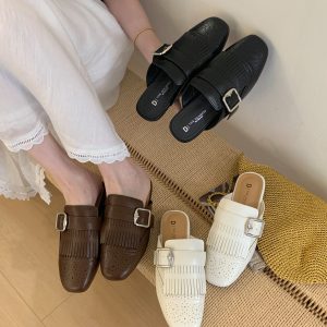2026 New Women's Retro Slip-On Double-Breasted Soft Leather Square-Toe Mule Slippers