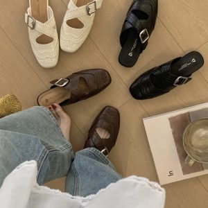 2026 Spring New European Style Brogue Vintage Tassel Closed Toe Half Slippers Ultra Soft Women's Shoes