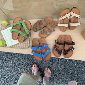 Women's Birkenstock Style Leather Slippers 2026 New Retro Genuine Leather Cork Thick Sole One-Strap Sandals